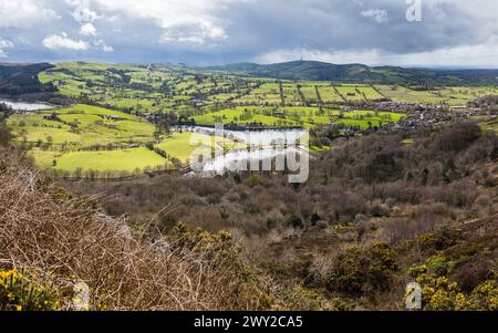 A multi image panorama taken from the peak of Tegg's Nose Country Park featuring Tegg's Nose Reservoir, Bottoms Reservoir and Ridgegate Reservoir. Stock Photo