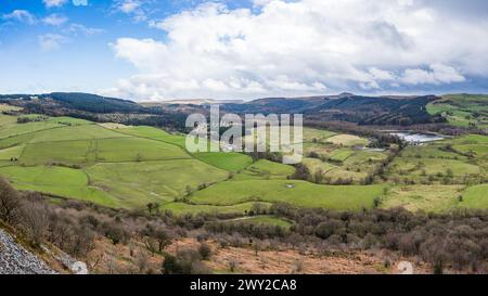 A multi image panorama of Ridgegate Reservoir backed by Macclesfield Forest captured from Tegg's Nose Country Park. Stock Photo