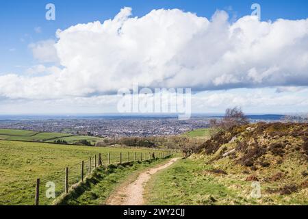 Looking down on on the town of Macclesfield pictured from the top of a pathway in Tegg's Nose Country Park. Stock Photo