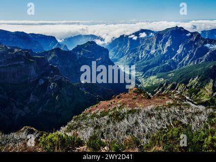 View from the top of PR1 trail,  Pico do Arierio To Pico Ruivo Hike, On Madeira Island, Portugal, Europe Stock Photo