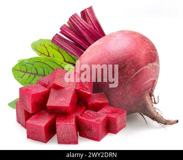 Red beetroot and diced beetroot isolated on white background. Stock Photo
