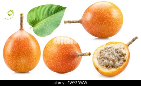 Set of granadilla fruit, leaves and  cross cuts of granadilla isolated on white background. Stock Photo