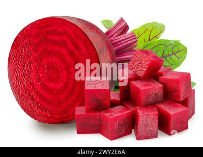Red beetroot cross section and pieces of beetroot isolated on white background. Stock Photo