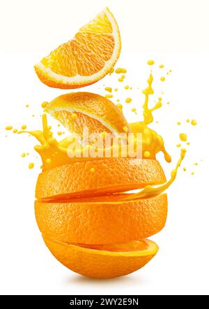 Orange fruit sliced with splashing juice isolated on white background ...