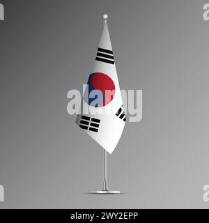 3D realistic flag of South Korea on steel pole Stock Vector