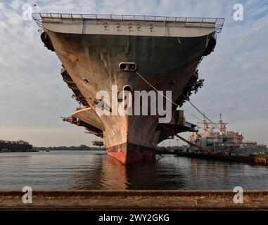 The U.S.S. John F. Kennedy sits at dock in the Philadelphia Navy Yard. Stock Photo