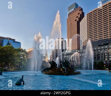 Water cascades through the Swann Memorial Fountain in Philadelphia's Logan Square. Stock Photo