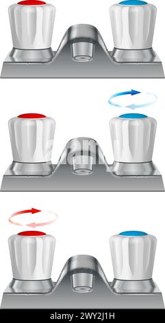 Set of Mixing Taps for Cold and Hot Water. Faucet with Two Handles with Rotate Arrows on White Background Stock Vector