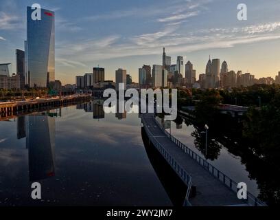 The towers of Center City and University City in Philadelphia rise along the Schuylkill River, as seen from the South Street bridge. Stock Photo