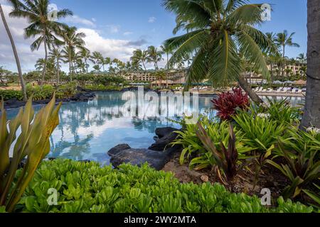 Palm trees reflect in the beautiful turquoise water of one of the luxurious swimming pools at the Grand Hyatt Kauai Resort and Spa in Koloa, Hawaii. Stock Photo