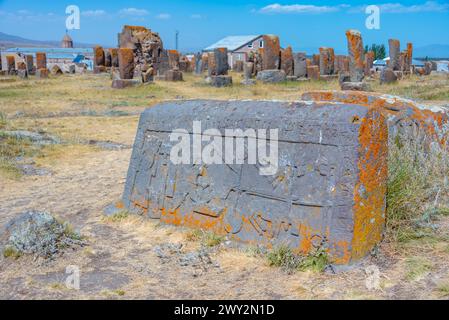 Noratus cemetery with Khachkars - ancient tombstones in Armenia Stock Photo