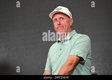 Miami, United States. 03rd Apr, 2024. Captain Jon Rahm of Legion XIII GC (not shown), Captain Phil Mickelson of HyFlyers GC (shown) and Captain Bubba Watson of RangeGoats GC (not shown) speak at a press conference during the practice round before the start of LIV Golf Miami at Trump National Doral in Miami. Credit: SOPA Images Limited/Alamy Live News Stock Photo