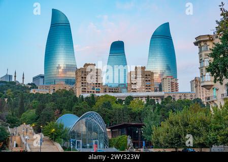 Sunrise view of Flame towers domainating the skyline of Baku, Azerbaijan Stock Photo