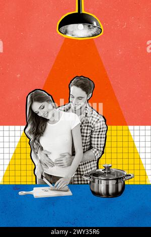 Artwork image trend sketch composite 3d collage photo of black white silhouette couple man hugs woman from behind in kitchen cook together valentine Stock Photo