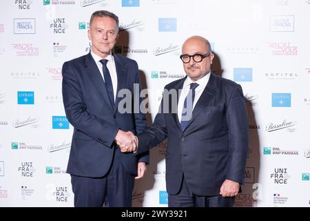 April 3, 2024, Rome, Italy: French Ambassador to Italy Martin Briens and Minister of Culture Gennaro Sangiuliano attend the photocall of the opening night of the 14th edition of ''Rendez-Vous'' at Palazzo Farnese in Rome (Credit Image: © Matteo Nardone/Pacific Press via ZUMA Press Wire) EDITORIAL USAGE ONLY! Not for Commercial USAGE! Stock Photo