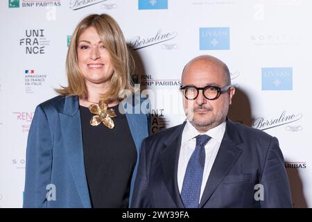 April 3, 2024, Rome, Italy: The Minister of Culture Gennaro Sangiuliano with his wife Federica Corsini attends the photocall of the opening evening of the 14th edition of ''Rendez-Vous'' at Palazzo Farnese in Rome (Credit Image: © Matteo Nardone/Pacific Press via ZUMA Press Wire) EDITORIAL USAGE ONLY! Not for Commercial USAGE! Stock Photo