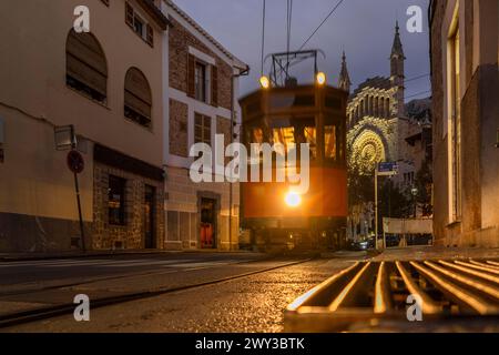 Traditional tram in Soller city, Mallorca, Spain Stock Photo