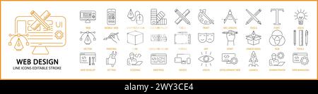 Web design icons. Web design icon set. Web design line icons. Vector illustration. Editable stroke. Stock Vector