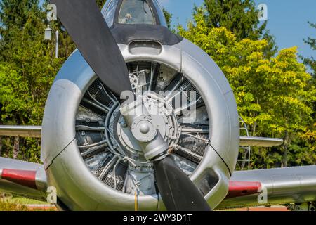 Closeup of engine and front cowling of T28 Trojan military training aircraft on display in public park in South Korea Stock Photo