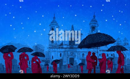 Artistic illustration of the Metropolitan and Primate Basilica Cathedral, eastern block of Plaza de Bolívar, in the historic center of the city of Bog Stock Photo