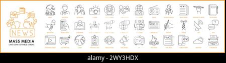 Mass media icons. Line icons about mass media. Mass media icon set. Journalism icons. Vector illustration. Editable stroke. Stock Vector