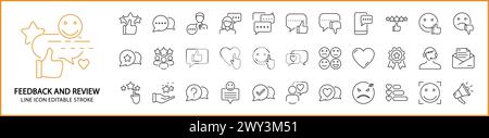 Feedback and review icons. Feedback icons. Review icons. Icon set. Line icons editable stroke. Vector illustration. Customer experience. Stock Vector