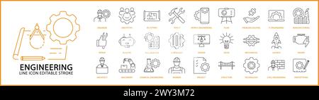 Engineering Icons. Engineering icon set. Engineering line icons. Vector illustration. Editable stroke. Stock Vector