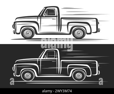Vector logo for Vintage Truck, horizontal decorative banners with contour clip art illustration of us historic truck in motion, line design monochrome Stock Vector