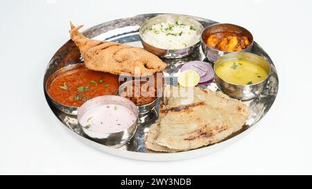 Pomfret Thali, Non-Veg Dish, White Background Photo, Pune, Maharashtra, India Stock Photo