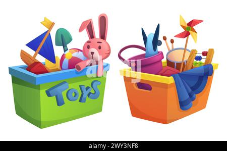 Kid toys in box - plastic container with child plush rabbit and sailboat, music drum and spinning, ball and sand bucket. Cartoon vector illustration set of playthings pile for storage or donate. Stock Vector