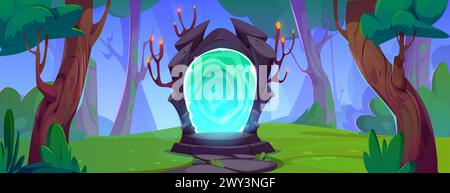 Magic portal in stone doorway standing in forest with green trees and grass. Cartoon vector game ui illustration of summer day woodland landscape with fantasy gate to travel in space and time. Stock Vector