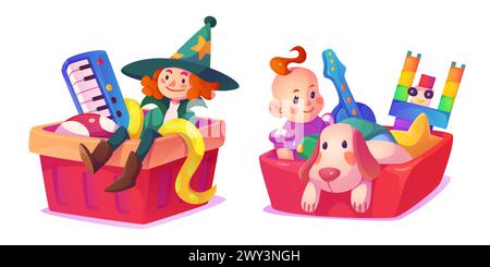 Kid toys collected in box. Cartoon vector illustration set of plastic container with child playthings. Pile of games elements in package for home or kindergarten storage, donate and charity Stock Vector