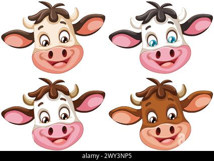 Four cute cartoon cows with different expressions. Stock Vector