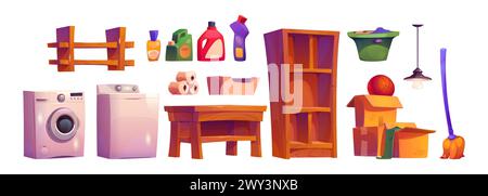 Basement laundry interior for house storage room. Home cellar illustration with broom, wash machine, dryer, basket and wooden rack. Isolated indoor pantry clipart set with canister and paper roll. Stock Vector