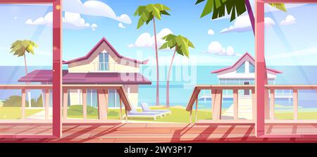 View from beach house terrace at sea. Vector cartoon illustration of seaside summer villas on ocean coast, chaise lounges on green lawn under palm trees, beautiful sunny day on tropical resort island Stock Vector