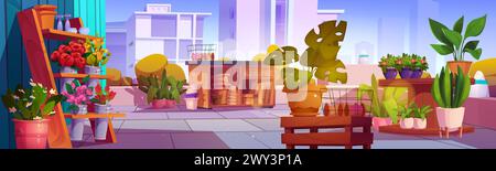 Rooftop garden on cityscape background. Vector cartoon illustration of terrace on top of modern skyscraper, green plants in pots, blooming flowers in metal buckets on wooden shelves, gardening hobby Stock Vector