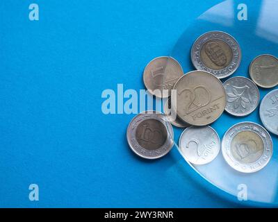 Hungarian forint coins under magnifying glass on a blue background, place for text. Local currencies Stock Photo