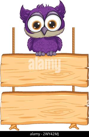 Adorable purple owl perched on empty signboards. Stock Vector