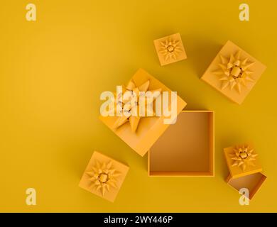 Gift boxes with ribbon and bow flying and falling on monochrome background. 3d render concept of greeting design Birthday, Merry Christmas, Black frid Stock Photo