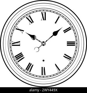 simple station wall clock with roman numerals line work outline black and white vector isolated on transparent background Stock Vector