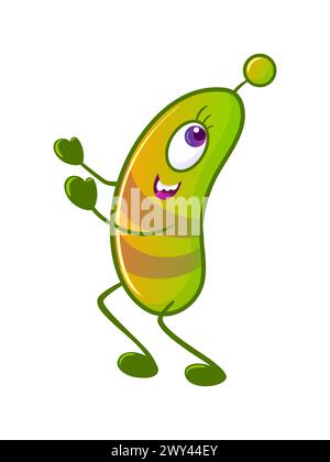 Cute monster is running. A green alien that looks like plankton or a microbe. Neon colors, Y2k, gradient, 2000s Cartoon illustration. Space flights, t Stock Vector
