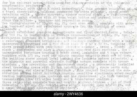 Text background, written on an old typewriter with a grunge layer. It is part of a resume of a civil engineer who has worked in the sixties in South A Stock Photo