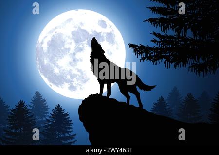 howling wolf silhouette on a hill crest by large full moon in a forest with clear sky background vector illustration Stock Vector