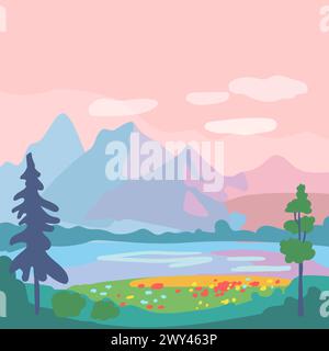 Summer square poster with a mountain landscape and a forest clearing. Green trees and meadow with red flowers. Sunset, pink sky with clouds. Template for poster, web page, text or banner. Vector illustration Stock Vector
