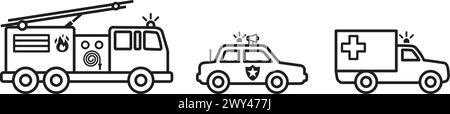 simple emergency vehicle set fire engine truck ambulance police car black line outline silhouette side view icon symbol vector isolated on white backg Stock Vector