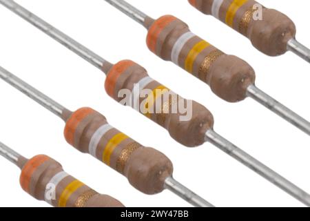Electronic resistors texture isolated on white background. Carbon film resistors isolated. Macro shot various electronic components Stock Photo