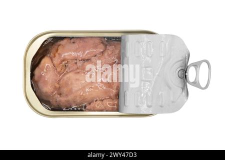 Packaging of canned cod liver isolated on white background. Preserved Atlantic cod liver. Open tin can of tasty cod liver isolated Stock Photo