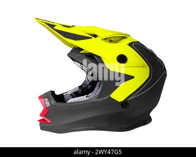 Offroad motocross helmet isolated on white background. Side view of full face color helmet for downhill mountain bike racing. Extreme sport equipment Stock Photo