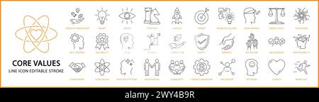 Core value icons. Core value icon set. Core value line icons. Vecor illusraion editable stroke. Stock Vector