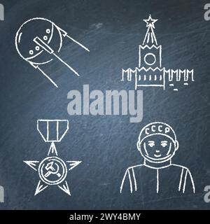 USSR symbols chalkboard icon set. First cosmonaut and artificial satellite, star medal and Kremlin tower. Vector illustration. Stock Vector